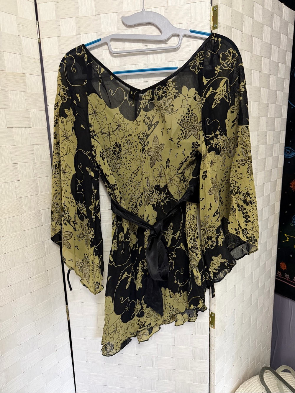 Angie Black and Olive Floral Sheer Wrap Tunic